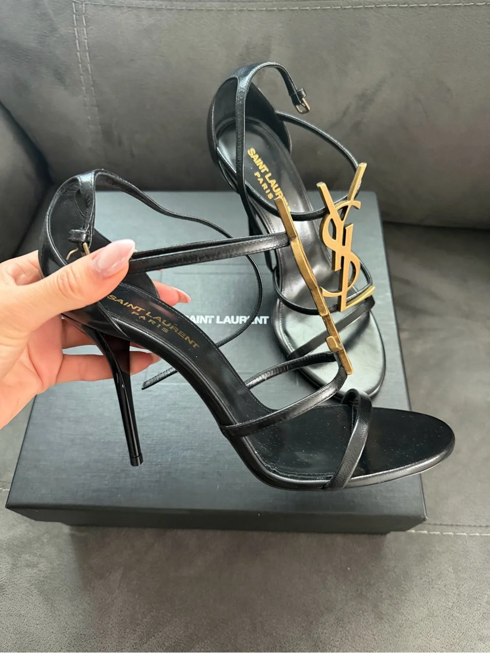 Saint Laurent Black Leather Stiletto Sandals with Gold YSL Logo - Picture 3 of 4
